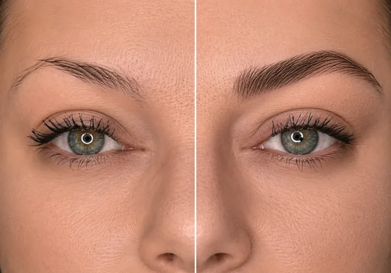Nano hair stroke brows, untreated brow on the left and the healed result on the right