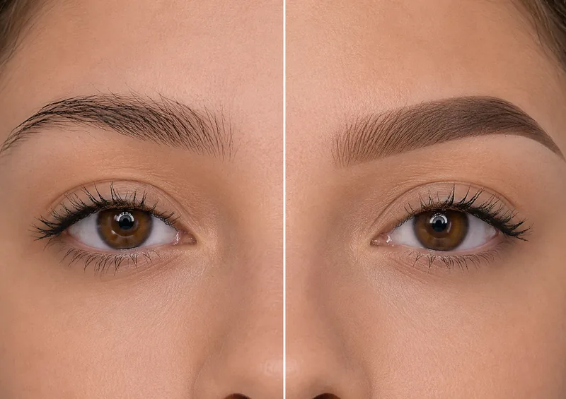 Ombre brows, untreated brow on the left and the healed result on the right