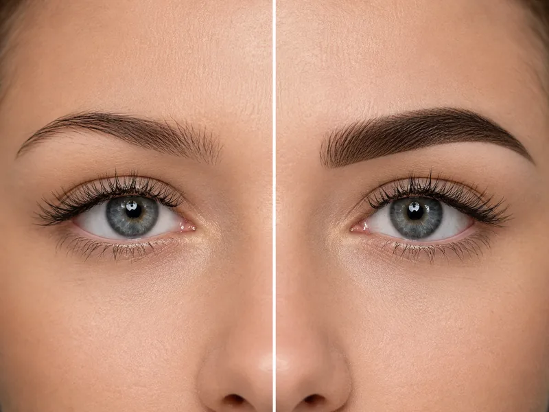 Powder brows, untreated brow on the left and the healed result on the right