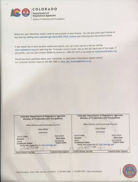 Colorado state esthetician licence issued to Irina West by the Department of Regulatory Agencies