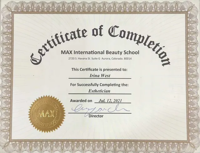 Esthetician certificate of completion from MAX International Beauty School awarded to Irina West