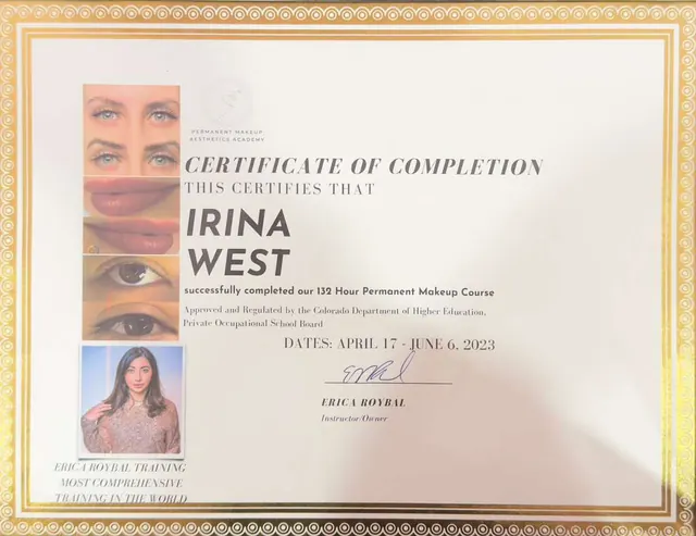 132-hour permanent makeup course certificate from Permanent Makeup Aesthetics Academy awarded to Irina West