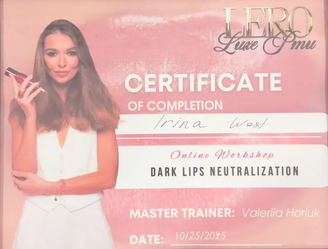 Dark lips neutralization workshop certificate from LERO Luxe PMU awarded to Irina West