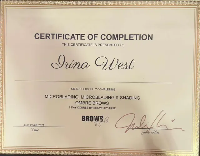 Microblading, shading and ombre brows course certificate from Brows by Julie awarded to Irina West