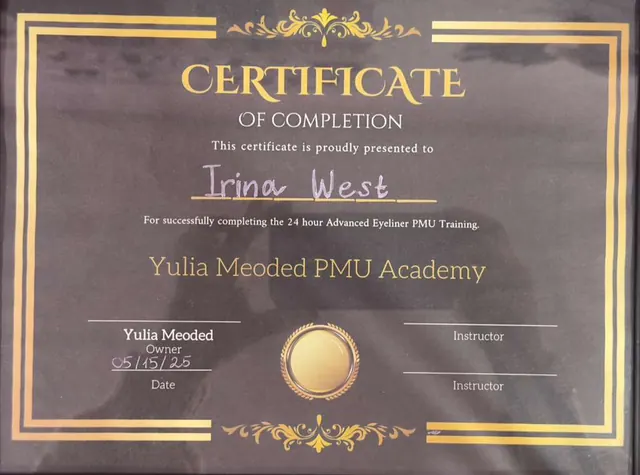 24-hour advanced eyeliner PMU training certificate from Yulia Meoded PMU Academy awarded to Irina West