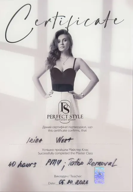 40-hour permanent makeup and tattoo removal master class certificate from Perfect Style awarded to Irina West