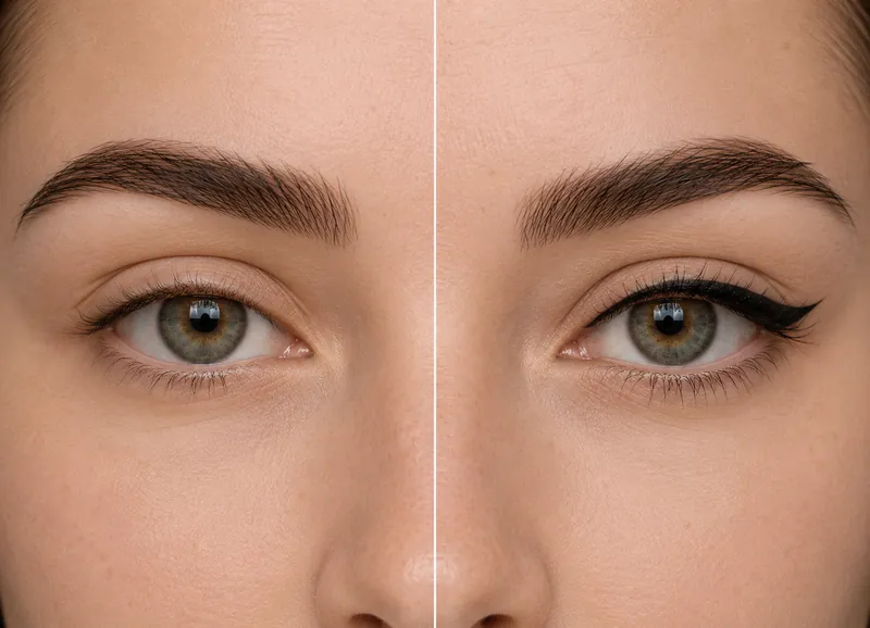 Classic eyeliner, untreated eye on the left and the healed result on the right