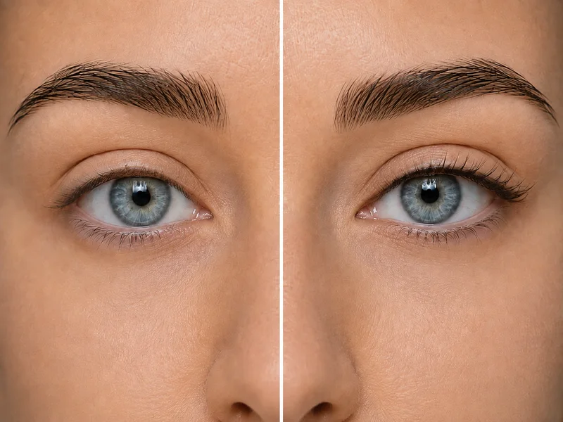 Lash enhancement, untreated eye on the left and a soft line between the lashes on the right, no wing