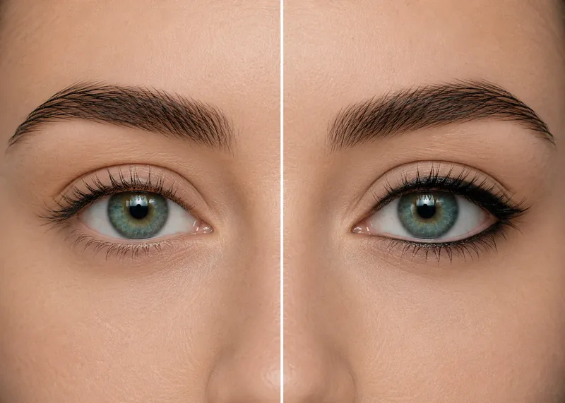 Lower eyeliner, untreated eye on the left and the healed result on the right