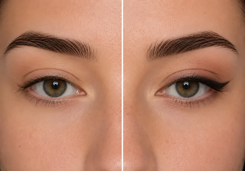 Shaded eyeliner, untreated eye on the left and the healed result on the right
