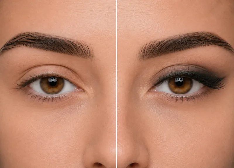 Smoky eyeliner, untreated eye on the left and the healed result on the right