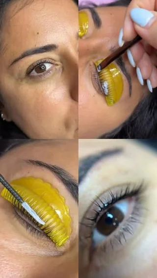 Lash lamination in progress, tinting solution on the lashes