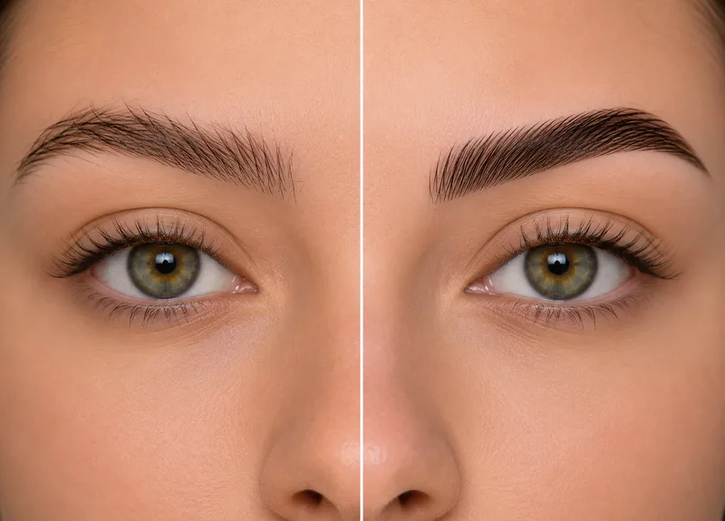 Brow lamination, unbrushed brow on the left and the brushed-up result on the right