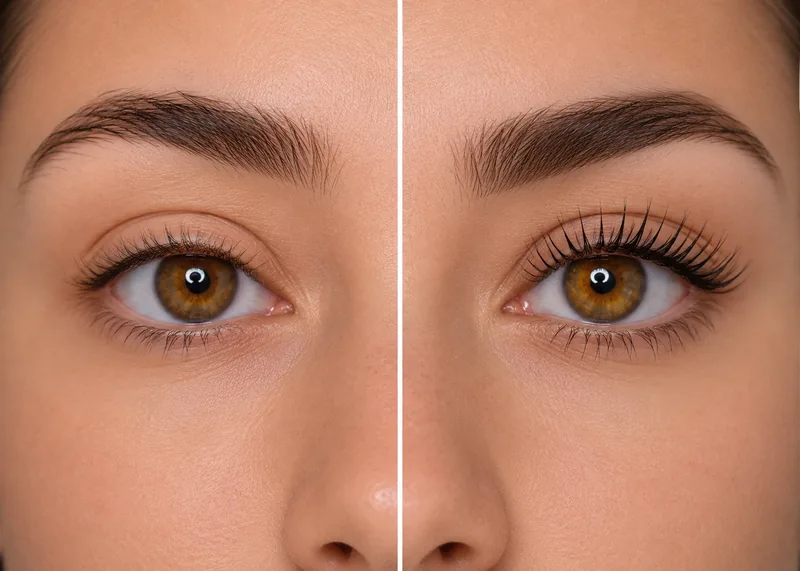 Lash lamination, unlifted lashes on the left and the lifted result on the right
