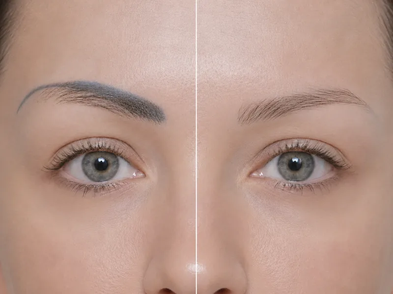 Laser removal, pigment still visible on the left and the faded result on the right