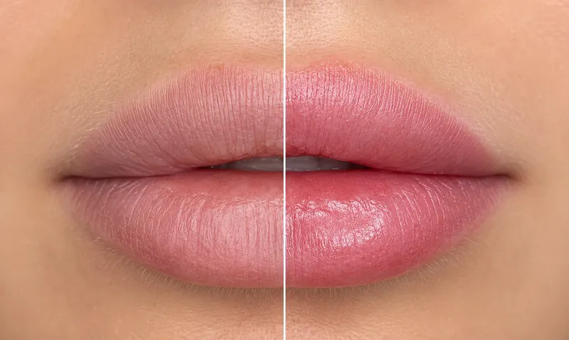 Aquarelle lip blush, untreated lip on the left and the healed result on the right
