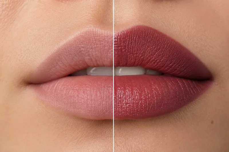 Lipstick effect lip blush, untreated lip on the left and the healed result on the right