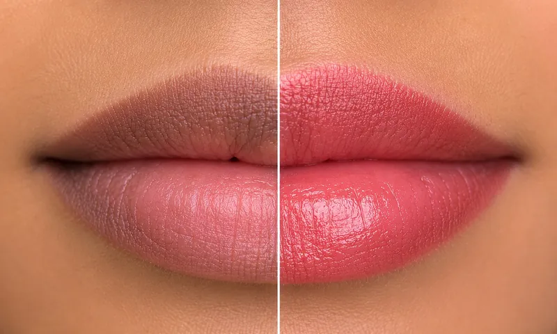 Dark lip neutralization, dark uneven lip on the left and the corrected result on the right