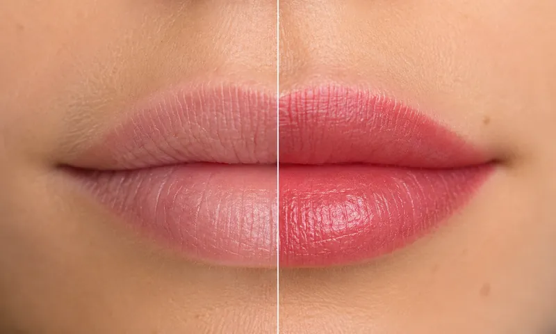 Nude lip blush, untreated lip on the left and the healed result on the right