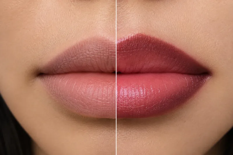 Ombre lips, untreated lip on the left and the healed result on the right